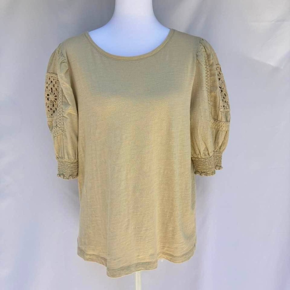 Design History Tan Cotton Crochet Lace Puff Sleeve Top L NWT Boho Cottagecore